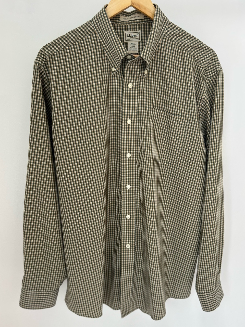 L.L.Bean Men’s L Plaid Button Down Shirt 100% Cotton Wrinkle Resistant Green